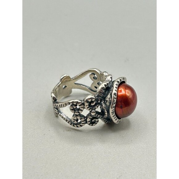Rust Color Pearl Ring Size 4.5 Israel Didae 925 Ornate Filigree Pearl Cabochon - Picture 5 of 7